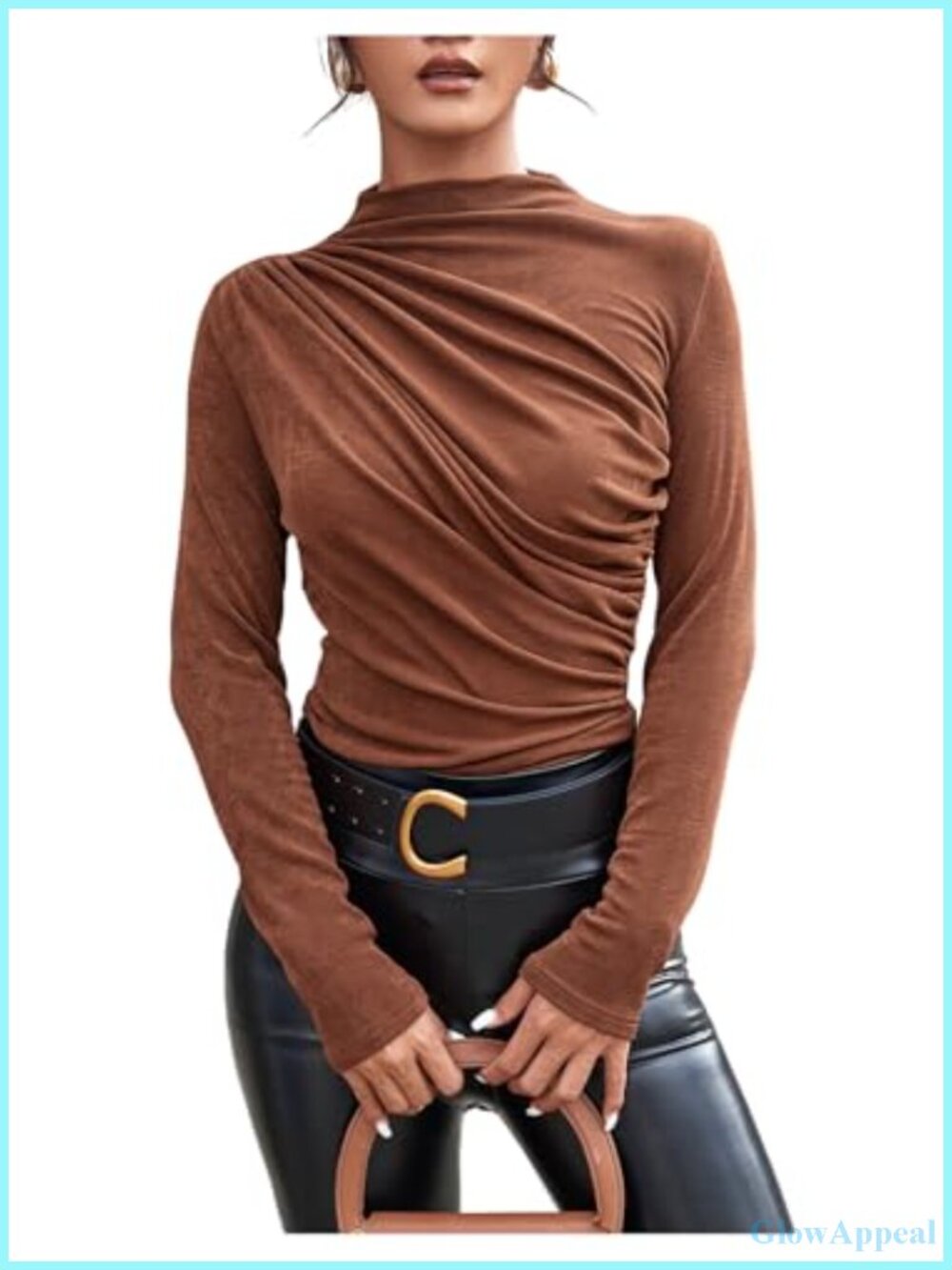 Mock Neck Ruched Long Sleeve T-Shirt Casual Basic Top Polyester High Stretch